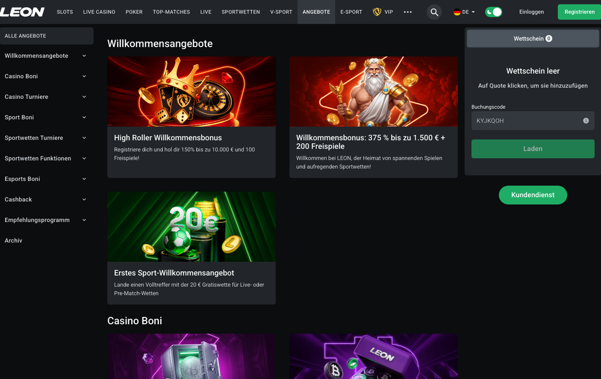 Leon Casino Angebote-Seite mit High-Roller- und Standard-Willkommensbonus auf Deutsch