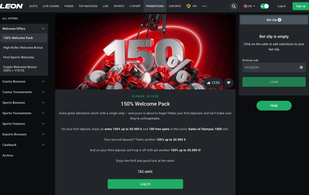 Leon Casino 150% Welcome Pack über drei Einzahlungen mit 100 Freispielen