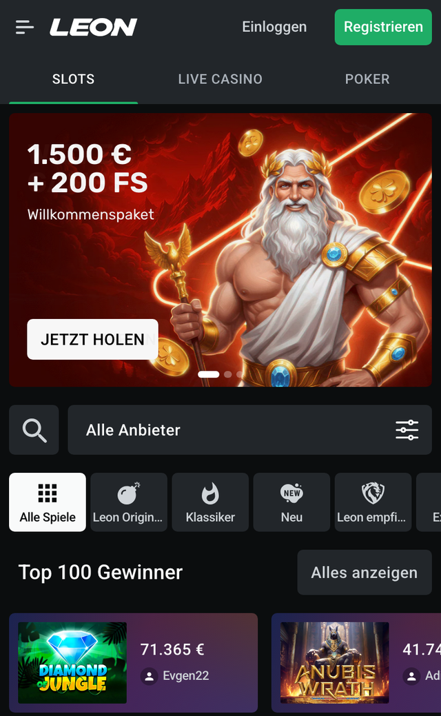 Mobile Startseite von Leon Casino auf Deutsch mit Willkommenspaket