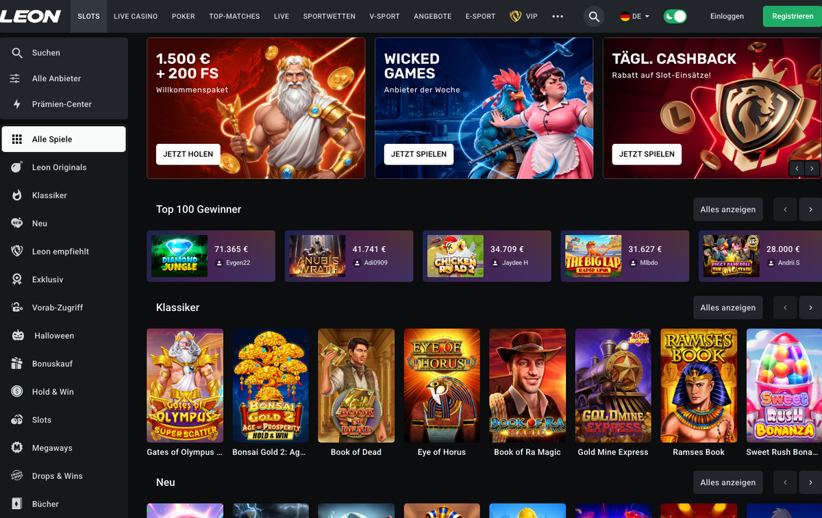 Deutsche Startseite von Leon Casino mit Willkommenspaket-Banner und Slot-Lobby