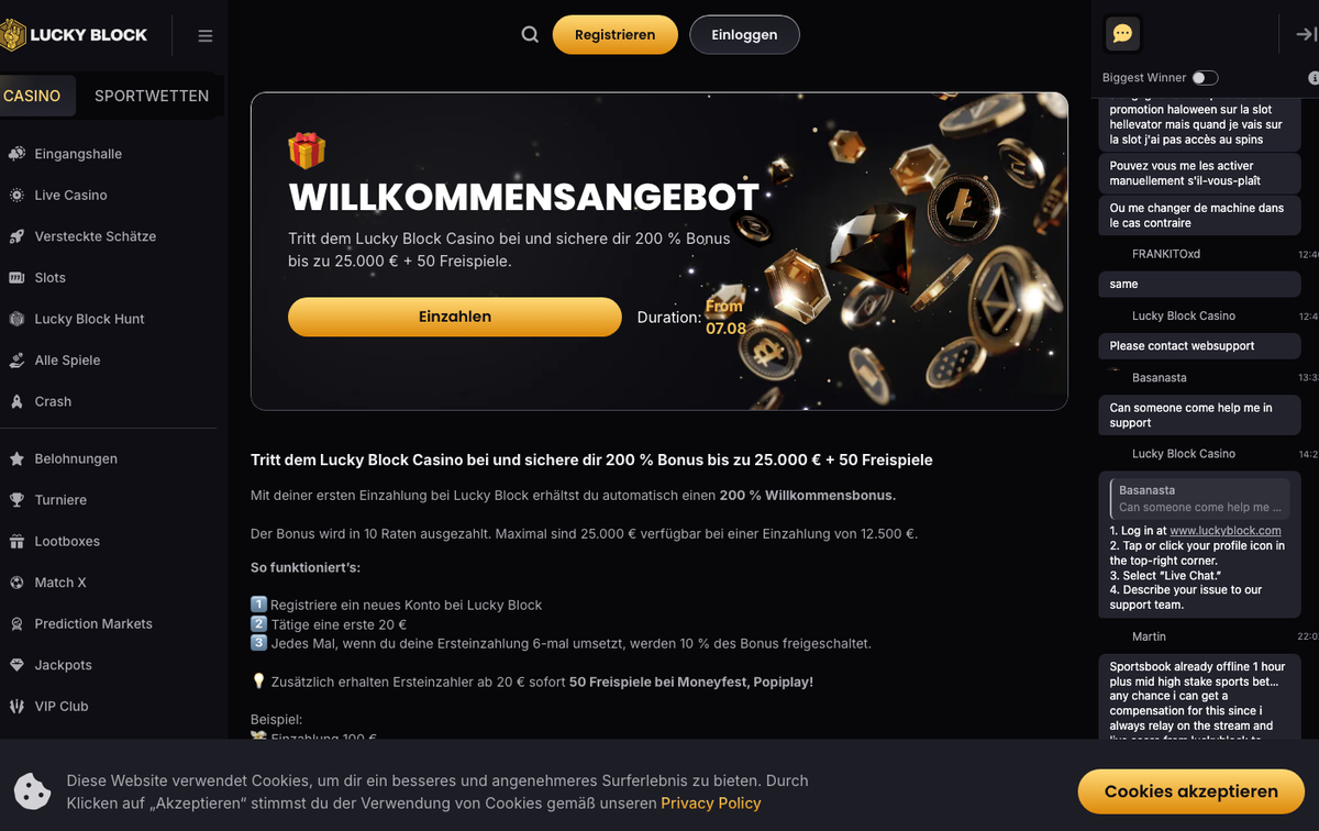 Lucky Block Willkommensangebot 200 % bis 25.000 Euro plus 50 Freispiele
