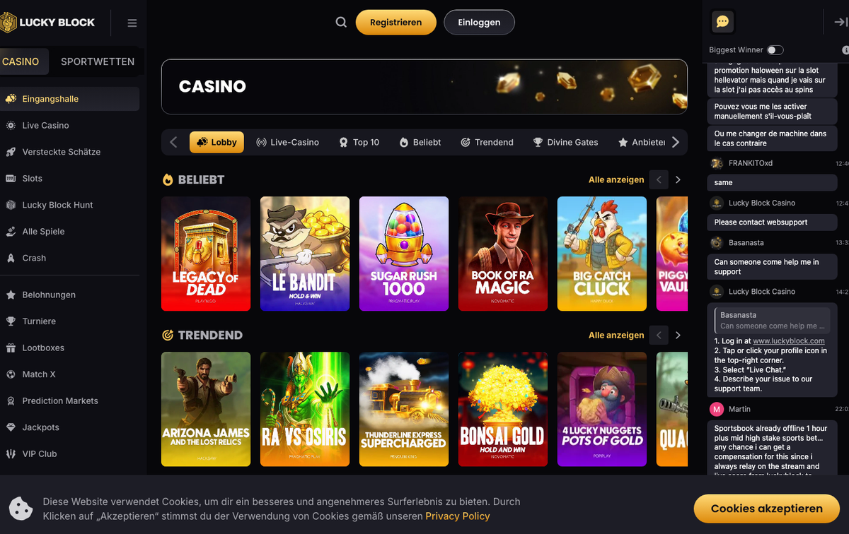 Lucky Block Casino-Lobby mit beliebten und trendenden Slots