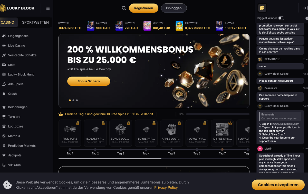 Lucky Block Startseite mit 200 % Willkommensbonus bis 25.000 Euro