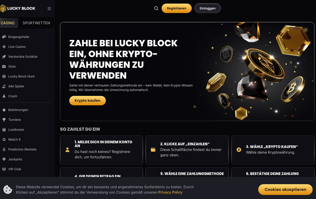 Lucky Block Seite zum Krypto-Kauf mit Anleitung zur Einzahlung