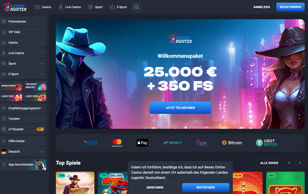 Lucky Hunter Willkommenspaket 25.000 Euro plus 350 Freispiele auf der Bonusseite