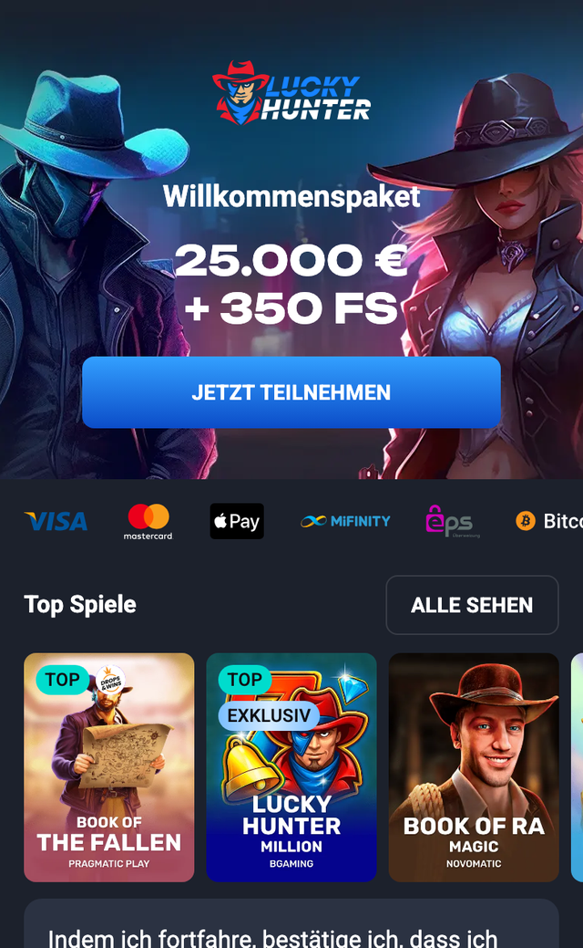 Mobile Ansicht von Lucky Hunter mit Top-Spielen und Zahlungsanbietern