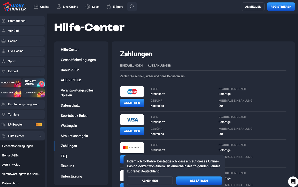 Lucky Hunter Zahlungsseite mit Kreditkarten und Mindesteinzahlung 20 Euro
