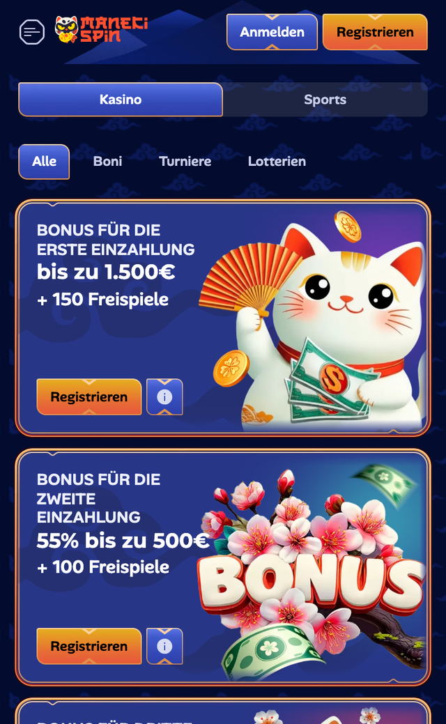 ManekiSpin Bonusseite mobil mit Boni für die erste bis dritte Einzahlung