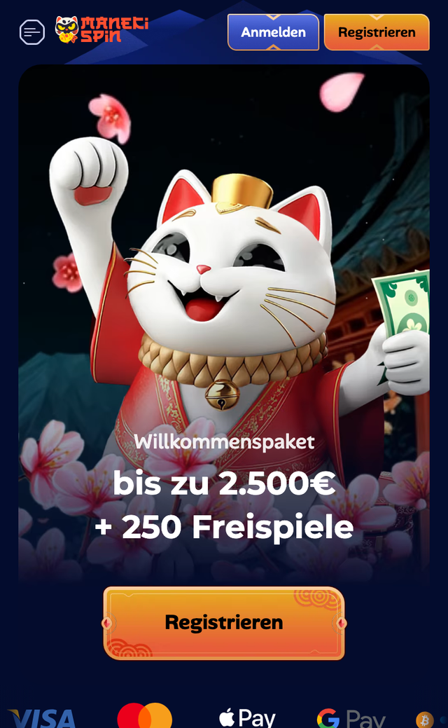 Mobile Startseite von ManekiSpin mit Willkommenspaket und Zahlungslogos
