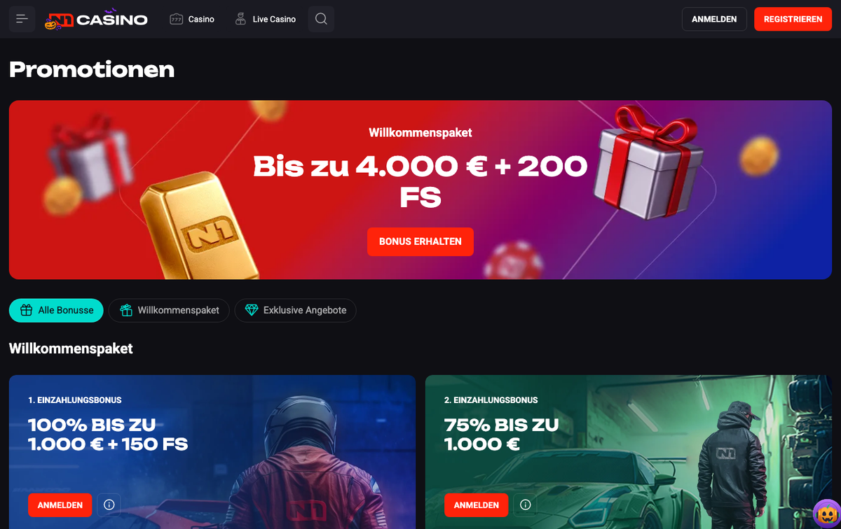 N1 Casino Promotionen: Willkommenspaket bis zu 4.000 € + 200 FS