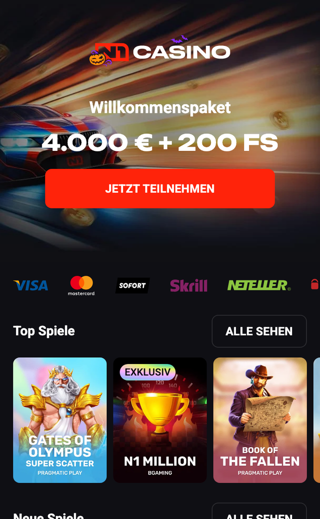 Mobile Ansicht von N1 Casino mit Willkommenspaket 4.000 € + 200 FS