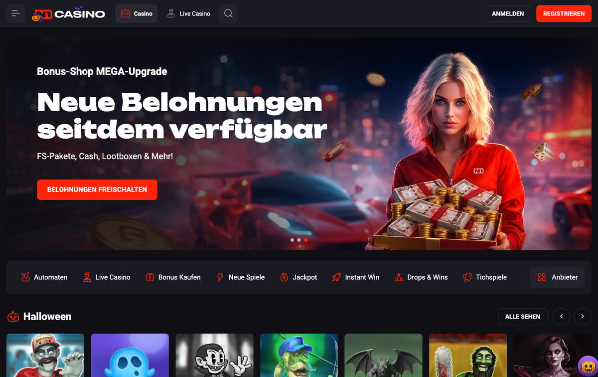 Startseite von N1 Casino mit Bonus-Shop-Banner und Spielkategorien