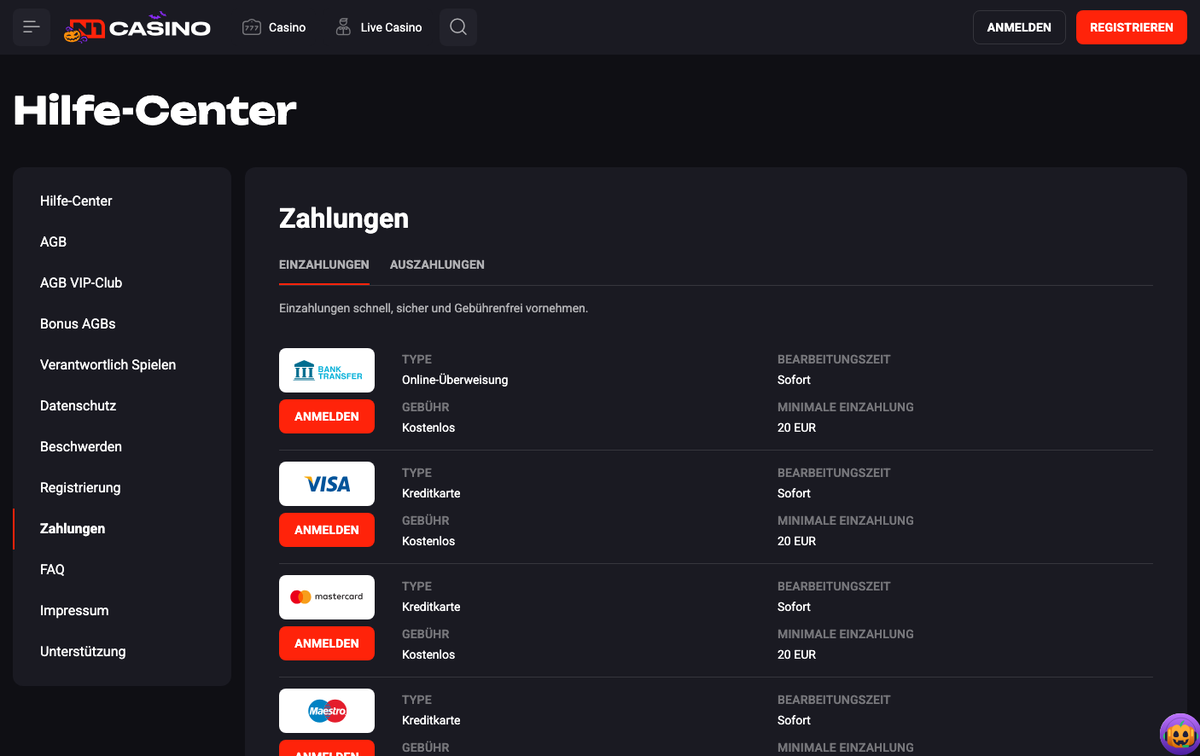 N1 Casino Zahlungsseite mit Banküberweisung, Visa und Mastercard ab 20 EUR