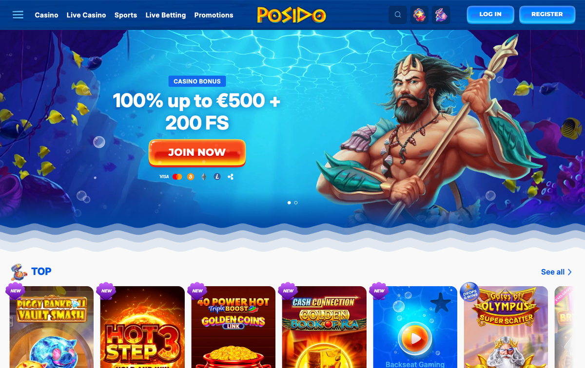 Startseite von Posido mit Casino-Bonus 100 % bis 500 € und 200 Freispielen