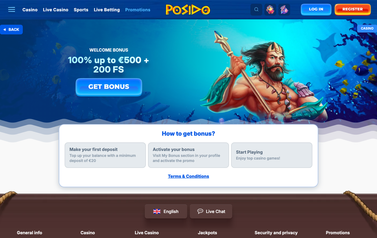 Posido Willkommensbonus 100 % bis 500 € und 200 Freispiele, Mindesteinzahlung 20 €