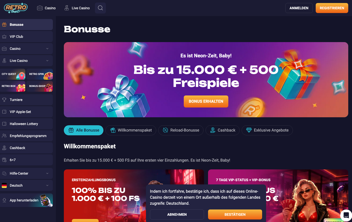 Retrobet Bonusse: Willkommenspaket bis zu 15.000 € + 500 Freispiele
