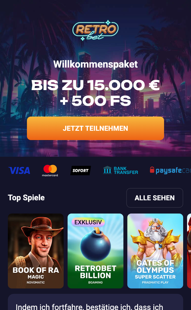 Mobile Ansicht von Retrobet mit Willkommenspaket und Top-Spielen