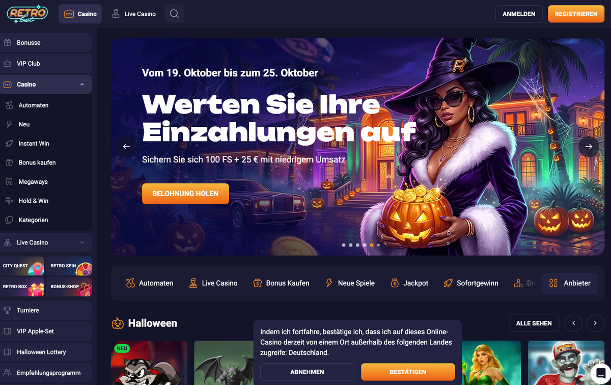 Retrobet Startseite mit Abfrage zum Zugriff von außerhalb Deutschlands