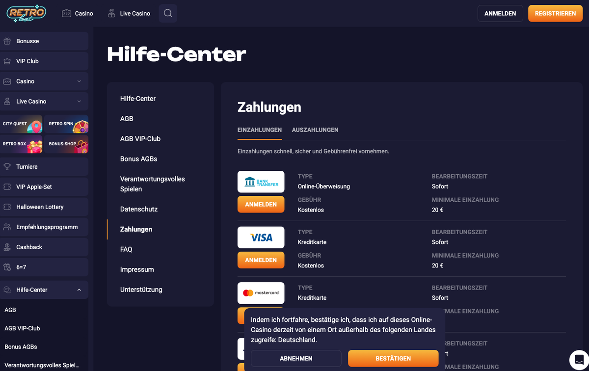 Retrobet Zahlungsseite mit Banküberweisung und Visa ab 20 €