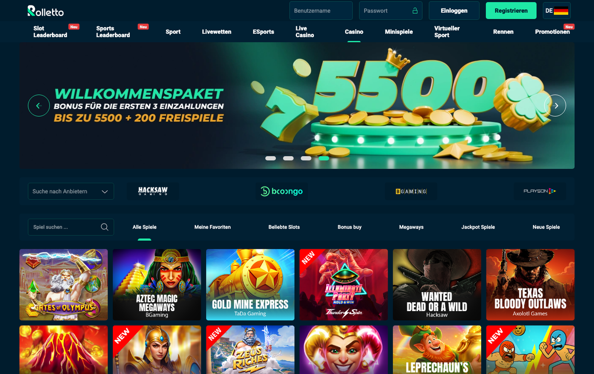 Rolletto Casino-Lobby mit Willkommenspaket-Banner und Slot-Auswahl