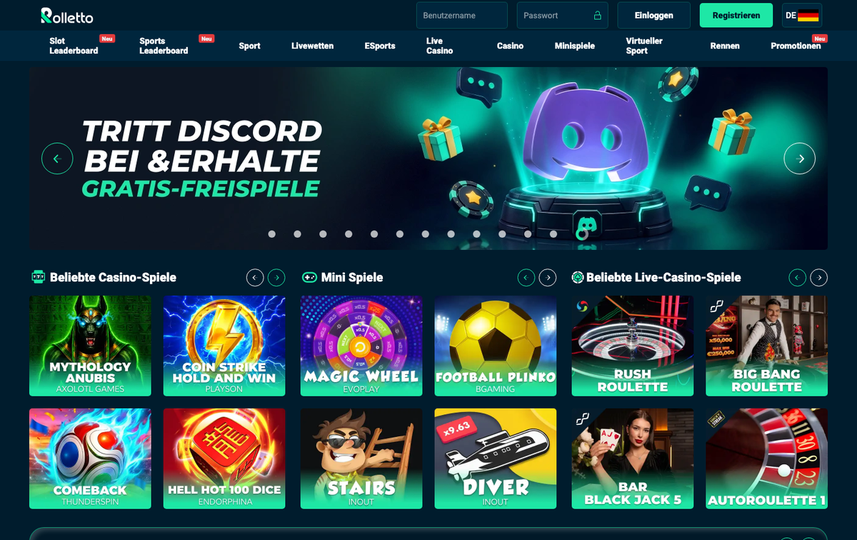 Startseite von Rolletto mit Discord-Aktion und beliebten Casino-Spielen