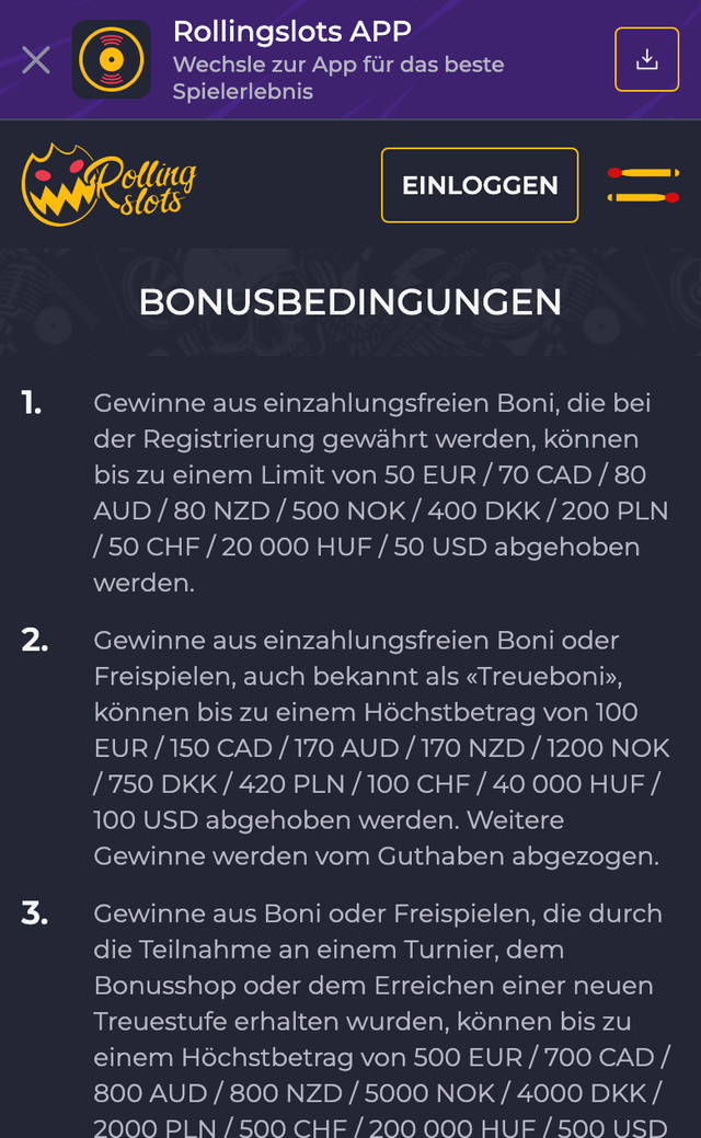 Bonusbedingungen von Rolling Slots mit Auszahlungslimits für Bonusgewinne, mobil