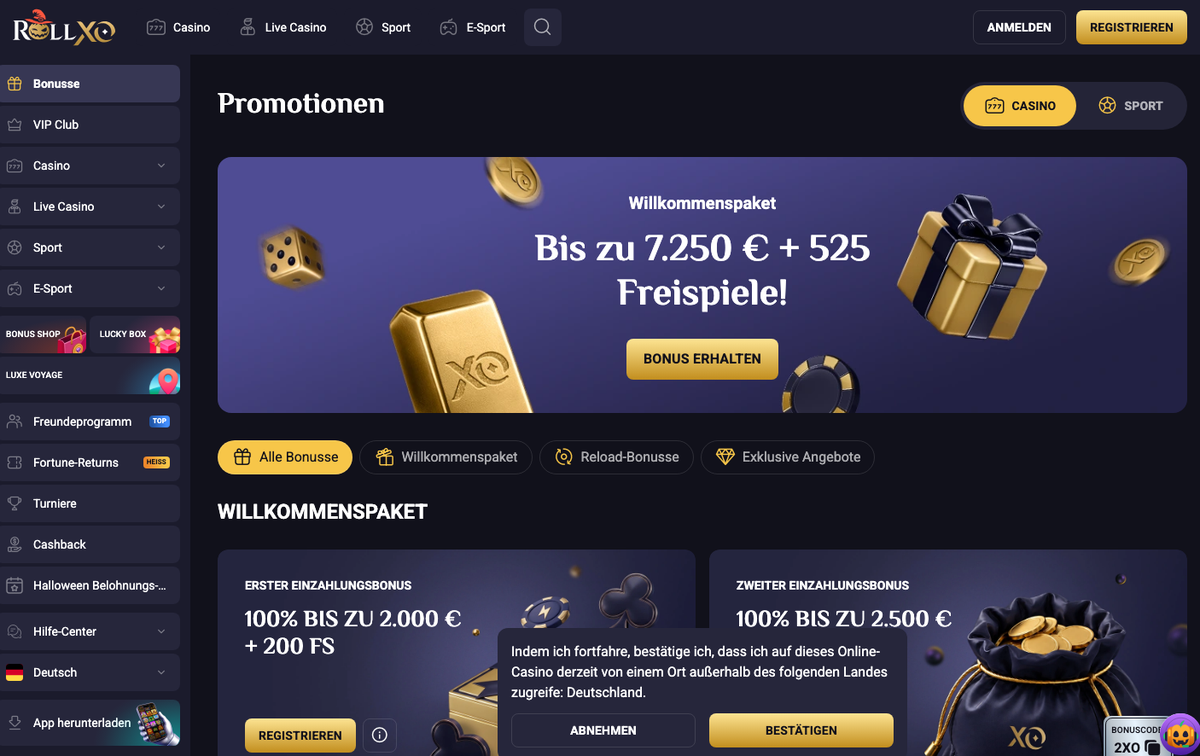 RollXO Promotionen-Seite mit Willkommenspaket und erstem sowie zweitem Einzahlungsbonus