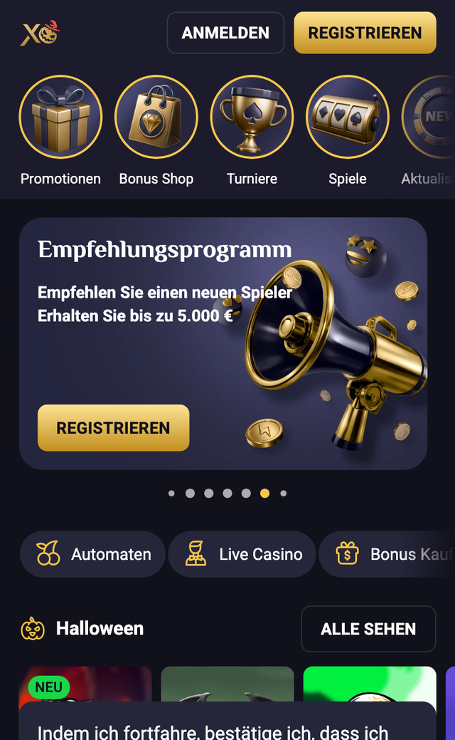 Mobile Ansicht von RollXO mit Spielkategorien und Deutschland-Hinweis