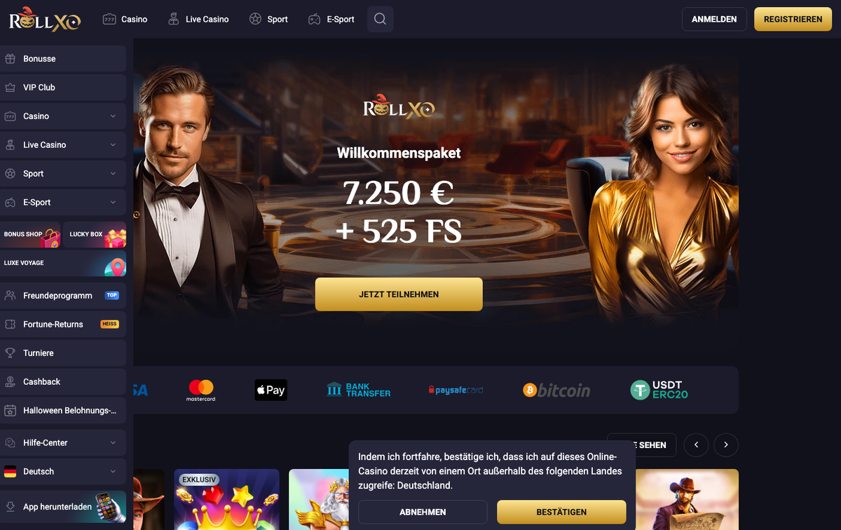RollXO Startseite mit Hinweis, die Website von ausserhalb Deutschlands aufzurufen