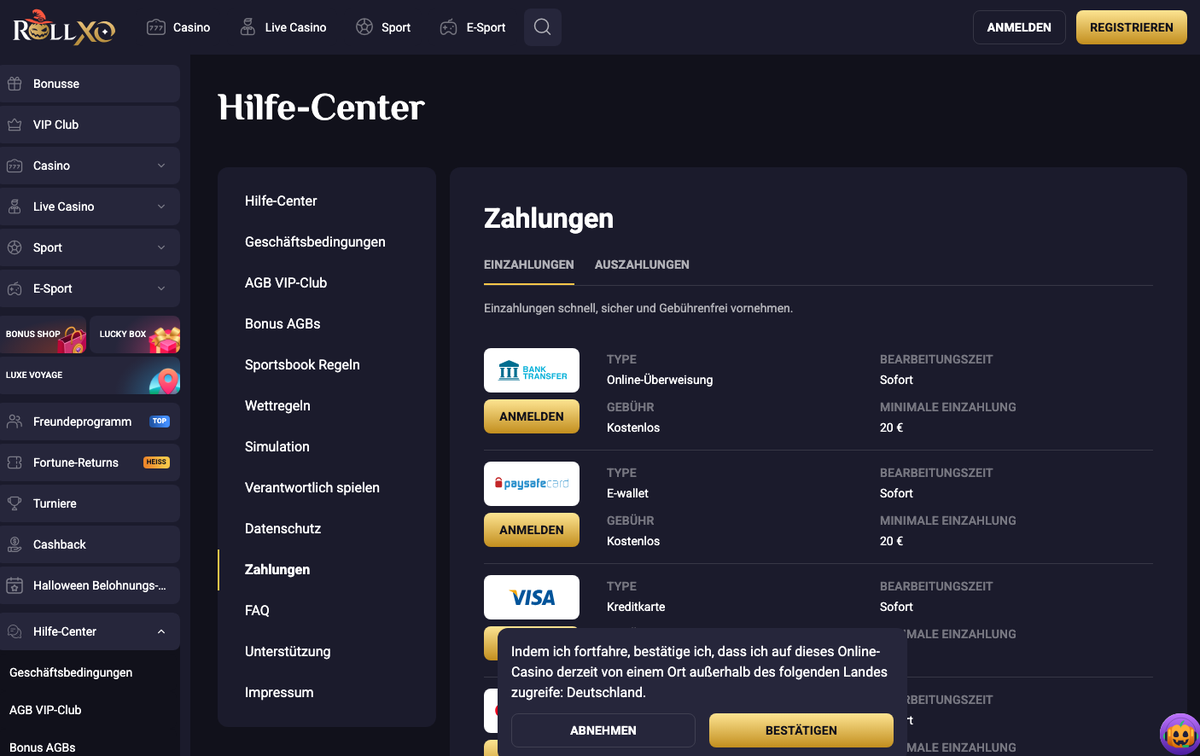 RollXO Zahlungsseite mit Banküberweisung, Paysafecard und Visa ab 20 € Mindesteinzahlung