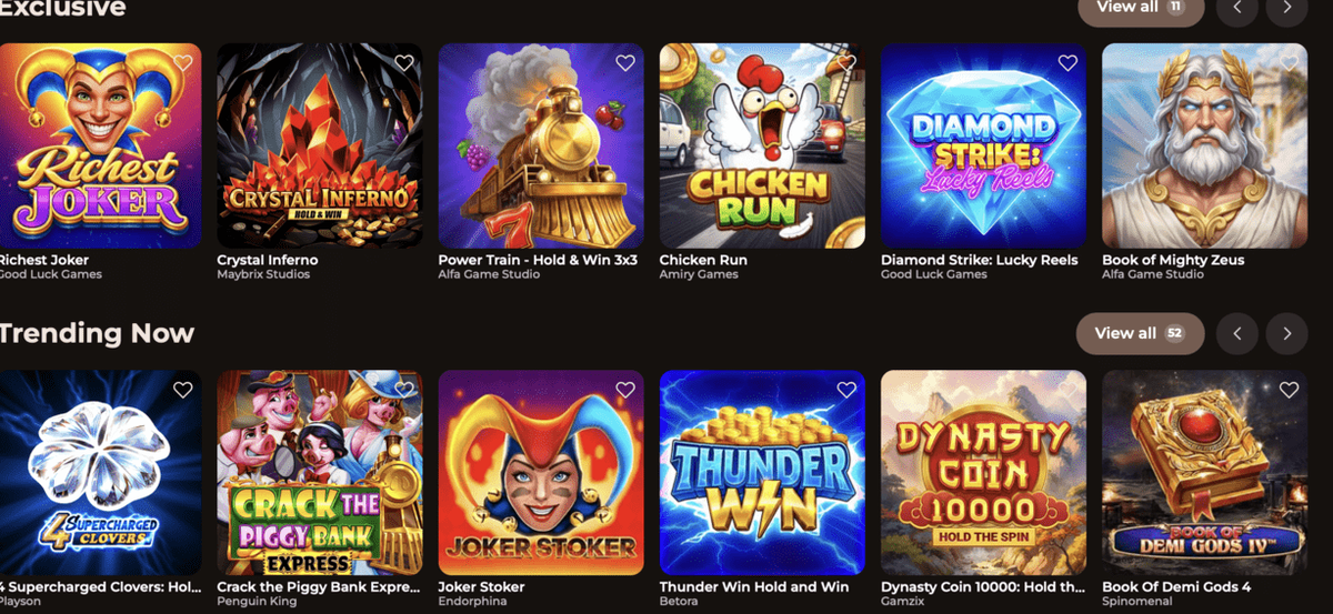 Spielebereich von Roulettino mit Slots, Live-Spielen und Bonus-Buy-Titeln