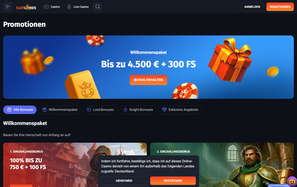 Slot Lords Promotionen mit Willkommenspaket bis zu 4.500 € + 300 FS