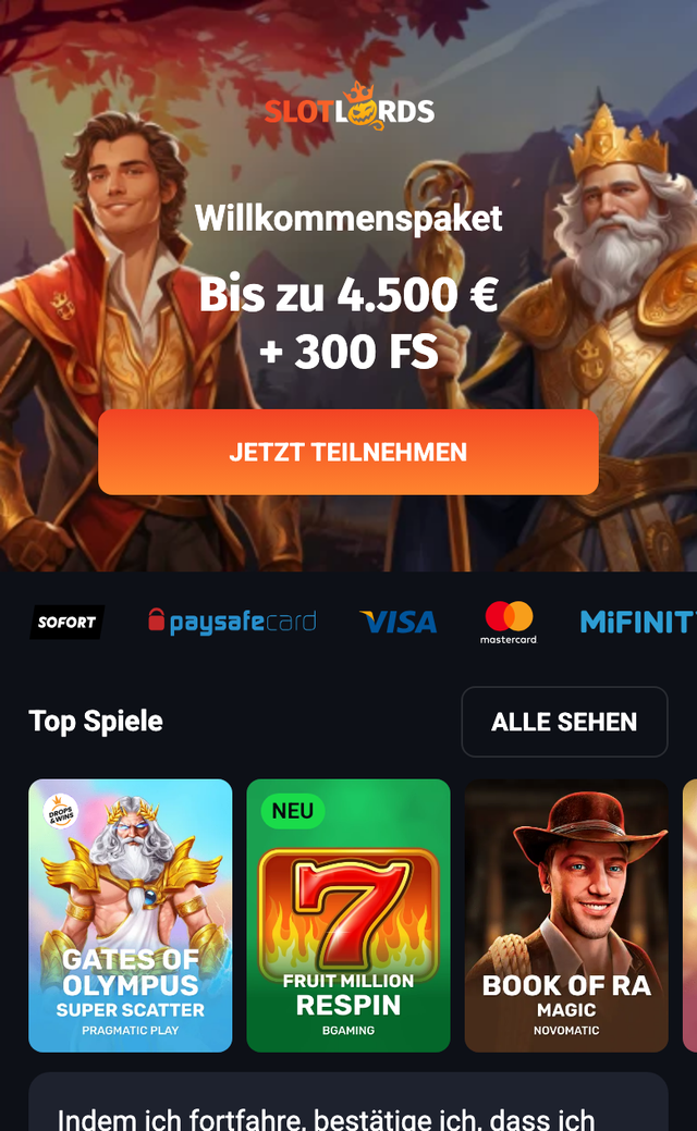 Mobile Startseite von Slot Lords mit Willkommenspaket bis zu 4.500 € + 300 FS