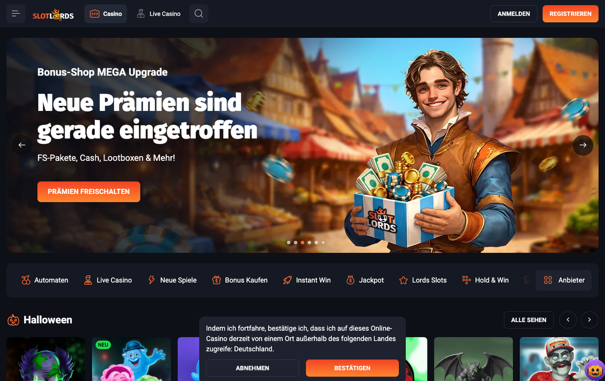Slot Lords Startseite mit Hinweis zum Zugriff außerhalb Deutschlands