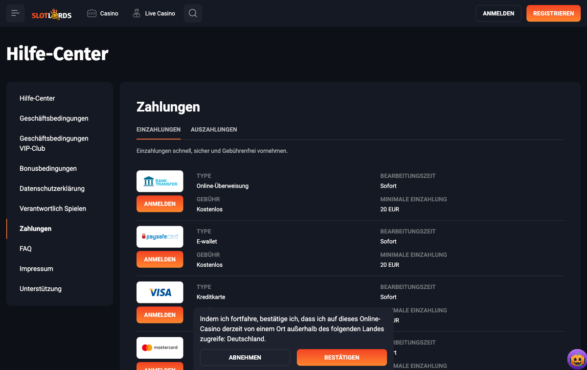 Slot Lords Zahlungsseite mit Banküberweisung, Paysafecard und Visa ab 20 EUR