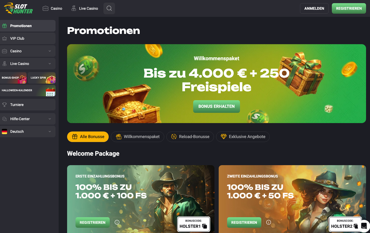 SlotHunter Promotionen: Willkommenspaket bis zu 4.000 € + 250 Freispiele