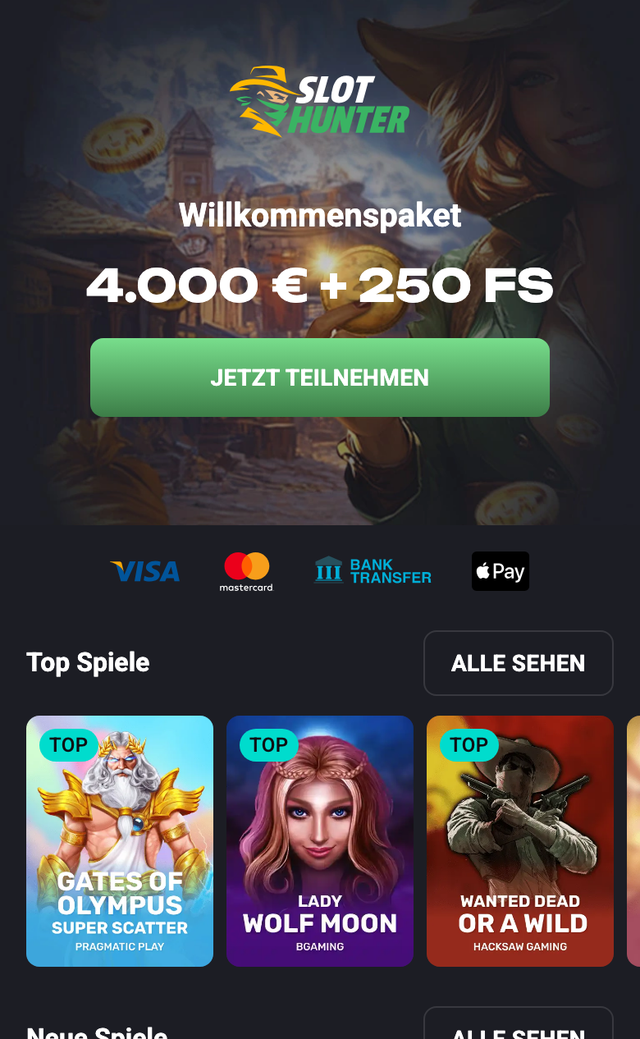 Mobile Ansicht von SlotHunter mit Willkommenspaket und Top-Spielen