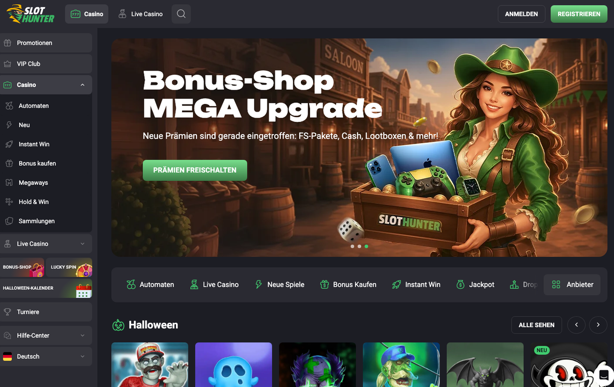 Startseite von SlotHunter mit Bonus-Shop-Banner und Seitenmenü