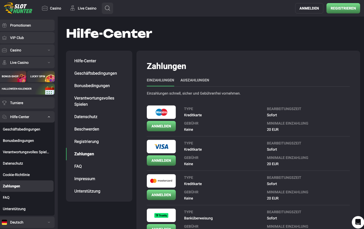 SlotHunter Zahlungsseite mit Maestro, Visa, Mastercard und Trustly ab 20 EUR