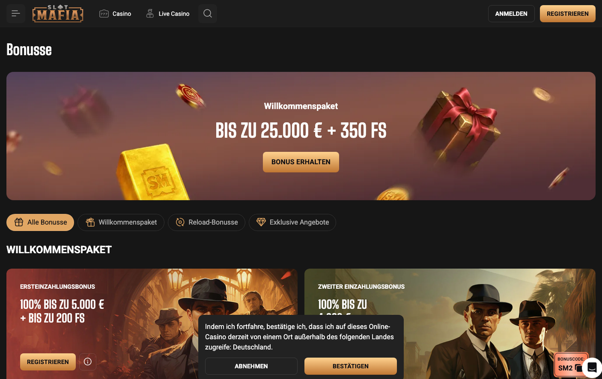 Slotmafia Bonusseite mit Willkommenspaket bis zu 25.000 € + 350 FS
