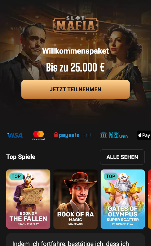 Mobile Startseite von Slotmafia mit Willkommenspaket bis zu 25.000 €