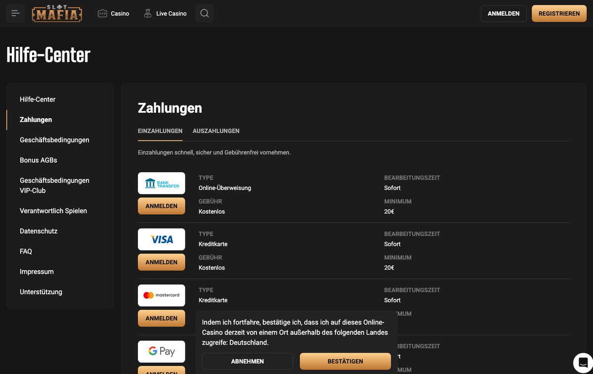 Slotmafia Zahlungsseite mit Banküberweisung, Visa und Mastercard ab 20 €