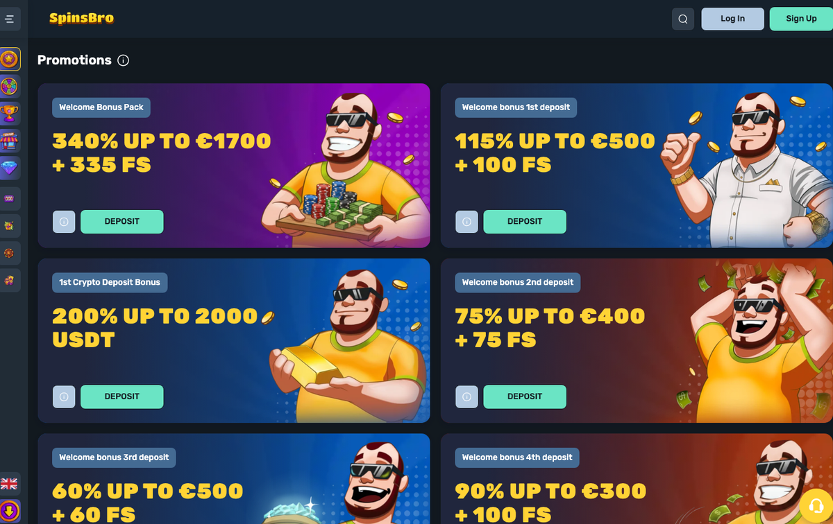 SpinsBro Promotions mit Willkommensboni für die erste bis vierte Einzahlung