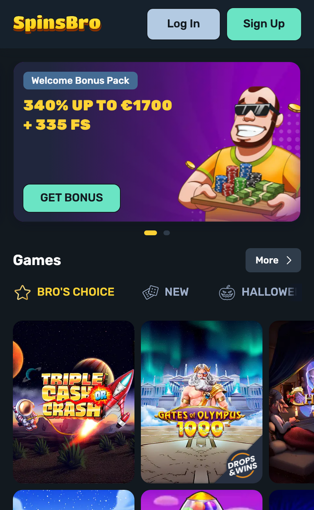Mobile Startseite von SpinsBro mit Welcome Bonus Pack und Spielauswahl