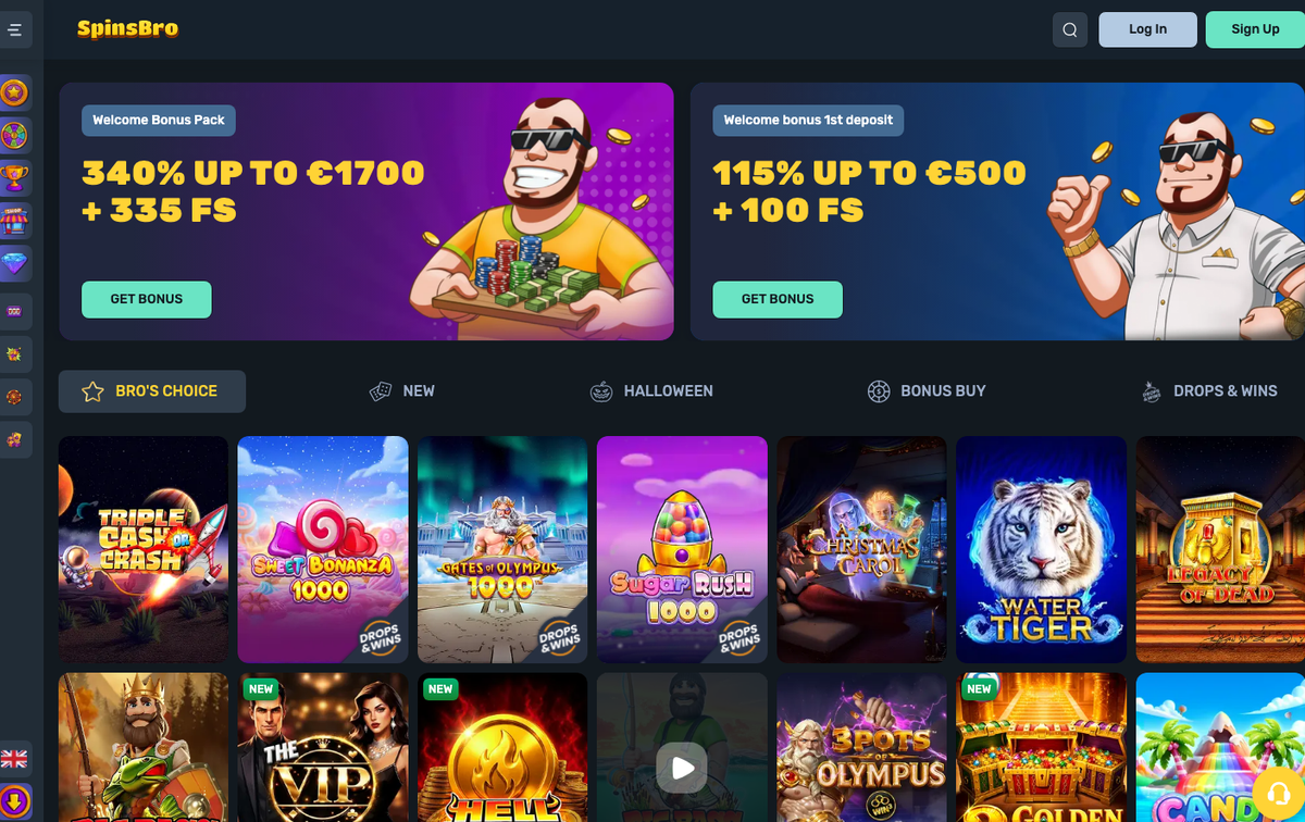 SpinsBro Startseite mit Welcome Bonus Pack 340 % bis 1.700 € + 335 FS