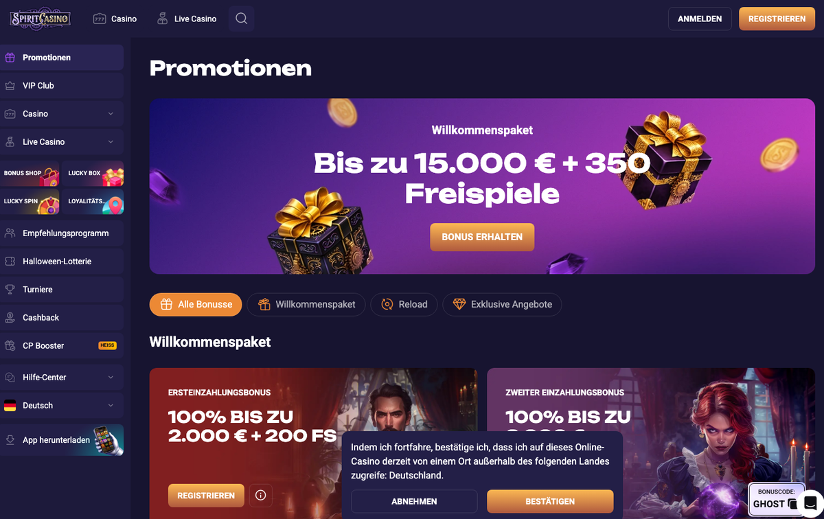 Spirit Casino Promotionen: Willkommenspaket bis zu 15.000 € + 350 Freispiele