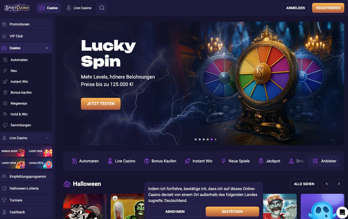 Spirit Casino Startseite mit Abfrage zum Zugriff von außerhalb Deutschlands