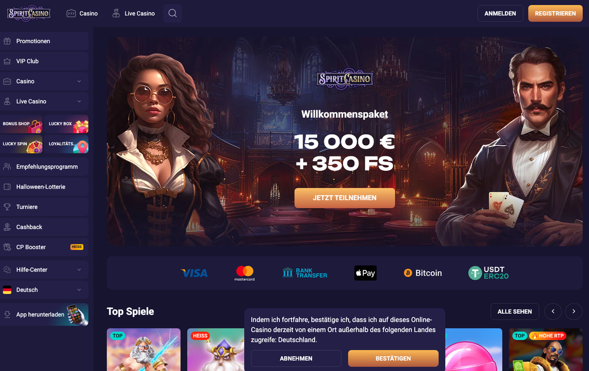 Spirit Casino Willkommenspaket 15.000 € + 350 FS mit Zahlungslogos