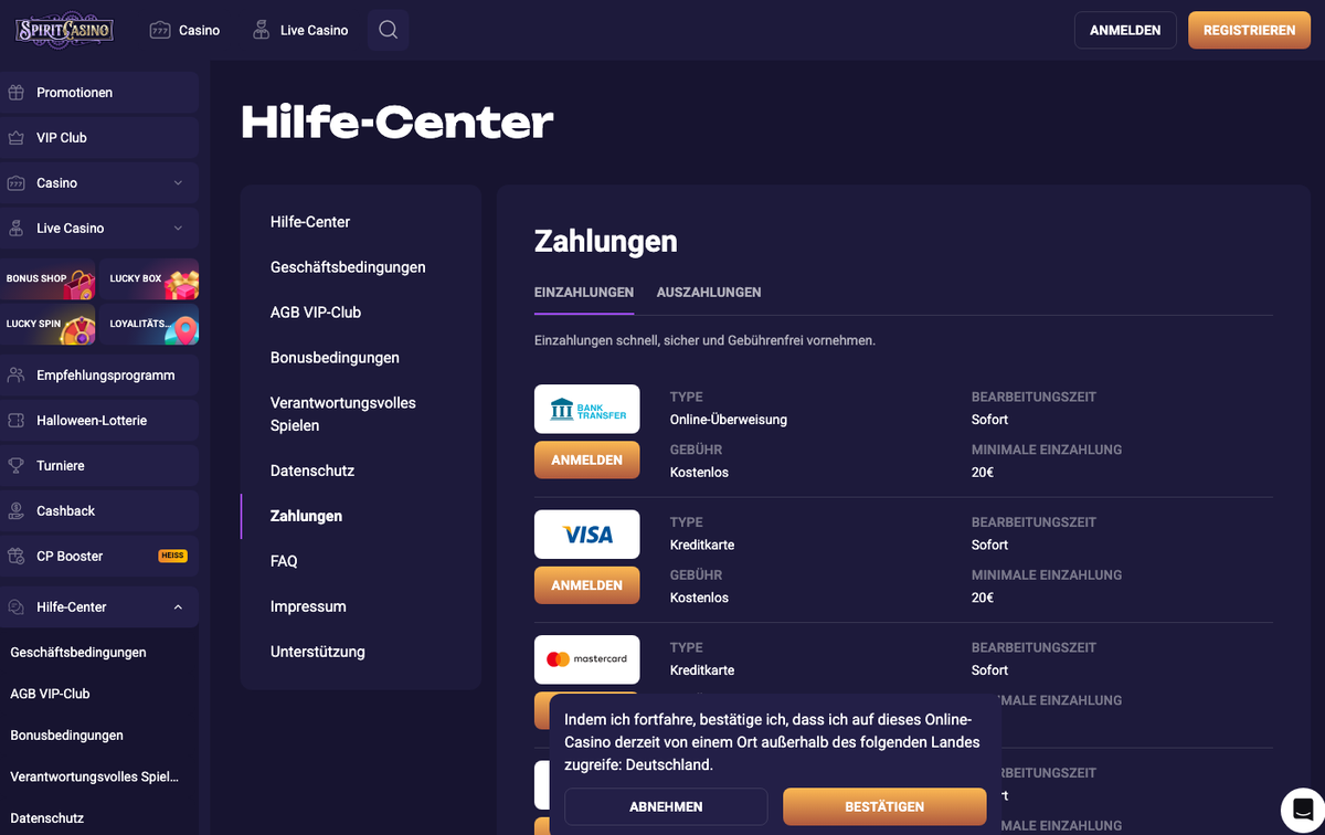 Spirit Casino Zahlungsseite mit Banküberweisung und Visa ab 20 €