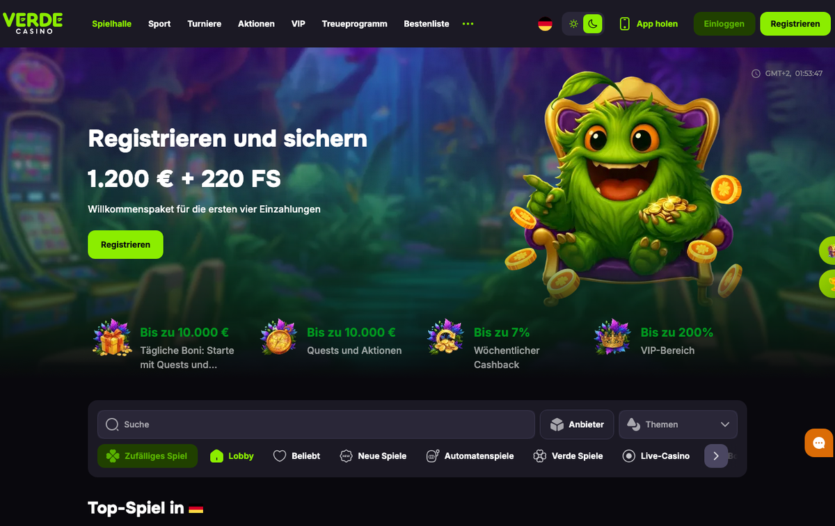Startseite von Verde Casino mit Willkommenspaket 1.200 € und 220 Freispielen